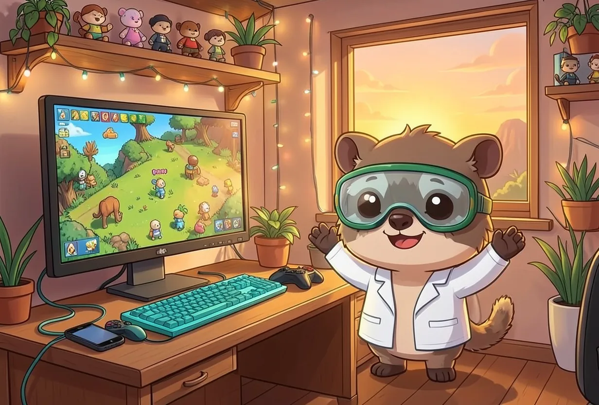 Dassie, the scientist from No DNA, Just RSA, waving from a desk in a cosy game studio at sunset
