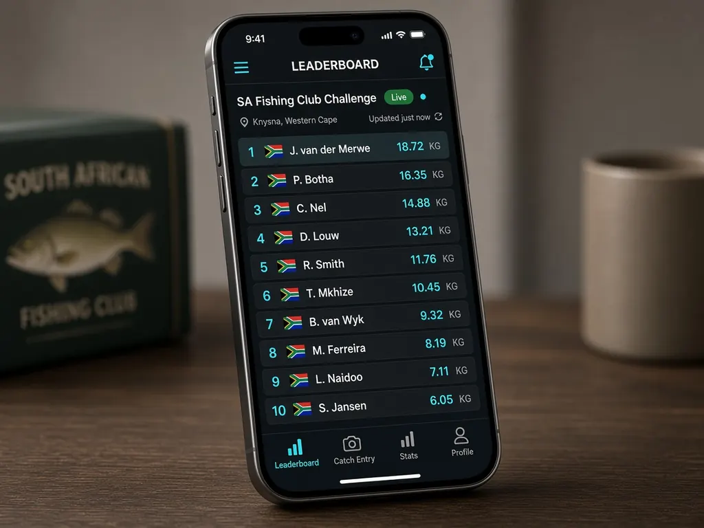Phone showing a live fishing club leaderboard