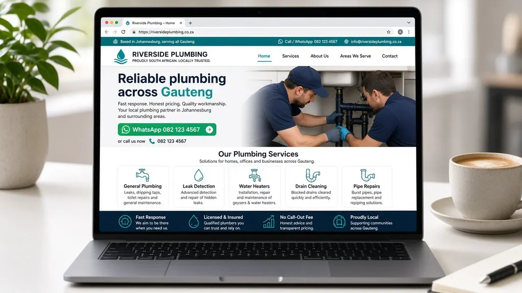 Laptop showing a five page website for a Gauteng plumbing business
